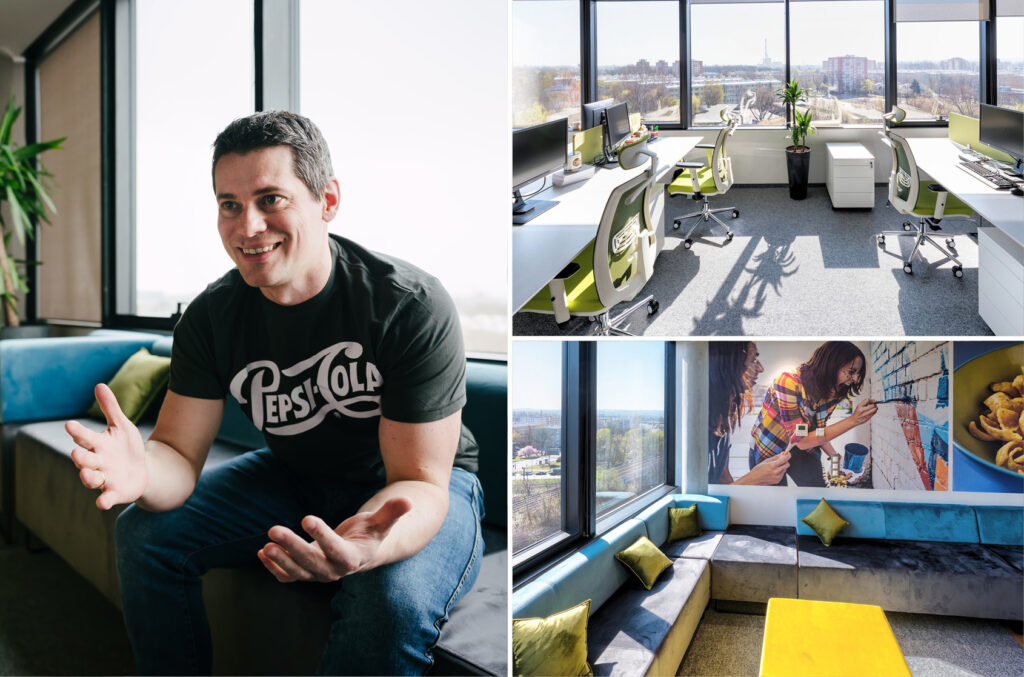 Collage shows Filip talking animatedly while sitting on the couch. It also shows 2 areas of his GBS workspace: a cozy corner with colorful couches and a workspace by the windows where daylight filters over the desks.